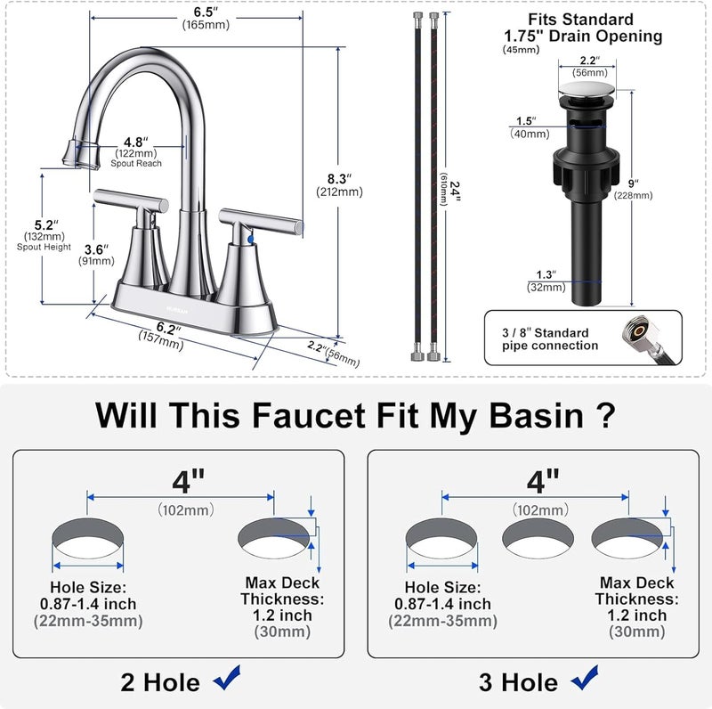 Hurran Bathroom Faucets for Sink 3 Hole, 4 inch Chrome Bathroom Sink Faucet with Pop-up Drain and Supply Hoses, Stainless Steel Lead-Free 2-Handle Centerset Utility Faucet for Sink Vanity RV - Image 5